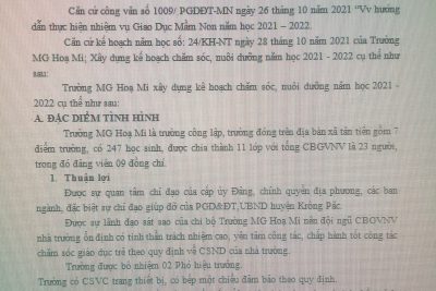 Bảo vệ: KẾ HOẠCH CHĂM SÓC – NUÔI DƯỠNG  Năm học 2021 – 2022