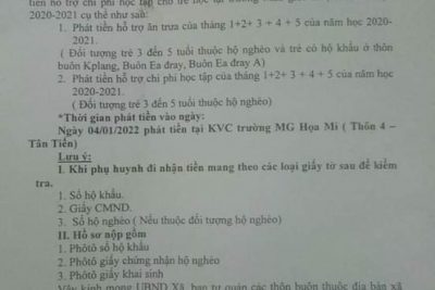 Thông báo về việc phát tiền hỗ trợ ăn trưa, tiền hỗ trợ chi phí học tập cho trẻ học tại trường năm học 2020 – 2021
